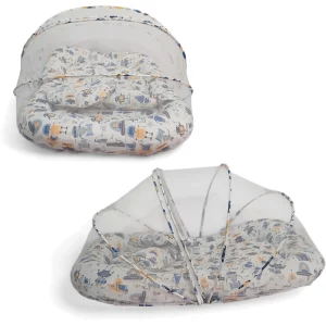 پشه بند فنری نوزاد با تشک لبه دار و بالش نخی