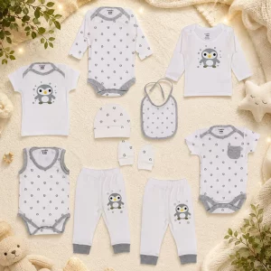 ست لباس نوزاد 10 تکه نخ پنبه طرح پنگوئن بیبی فورلایف Baby4life