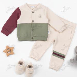 ست 2 تکه ژاکت شلوار نوزادی پسرانه کرم سبز دانالو Danaloo