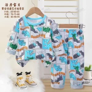 ست بلوز شلوار پسرانه نخی کودک طرح دایناسور Dinamic Baby