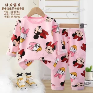 ست بلوز شلوار دخترانه نخی کودک طرح میکی موس Dinamic Baby