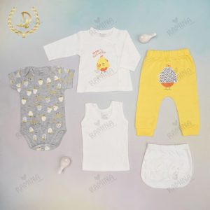 ست 5 تکه لباس بیمارستانی نخی نوزاد دختر طرح مرغ و تخم مرغ دانالو Danaloo