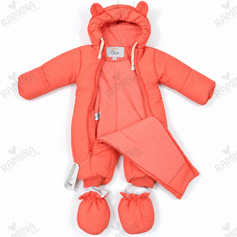 کاپشن سرهمی کلاه دار دخترانه با جوراب رنگ هلویی پاستلی بیبی بو Baby Boo