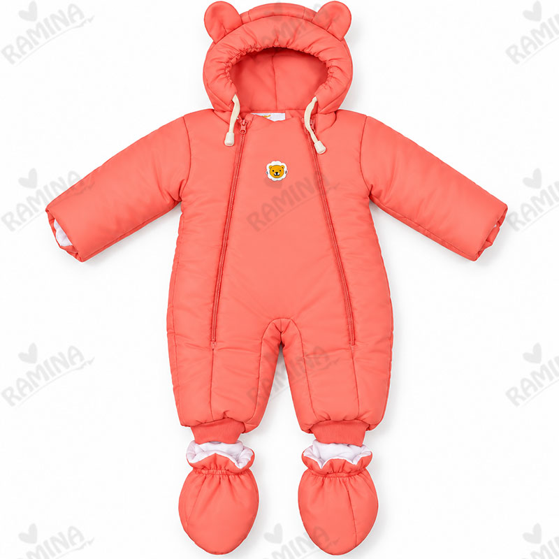 کاپشن سرهمی کلاه دار دخترانه با جوراب رنگ هلویی پاستلی بیبی بو Baby Boo