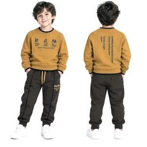 ست بلوز و شلوار پسرانه دورس 5 تا 8 سال کد 2735 طرح BCM رنگ خردلی Pancho