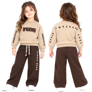ست بلوز شلوار اسپرت 8 تا 11 سال دورس کد 2660 طرح Mind رنگ کرم Pancho