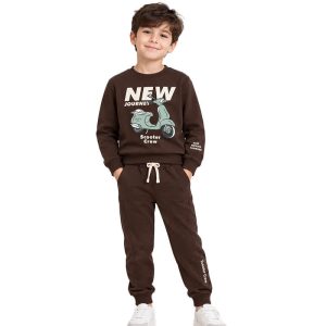 ست بلوز و شلوار 8 تا 11 سال دورس پسرانه کد 2754 طرح NEW رنگ قهوه ای تیره Pancho