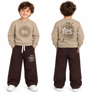 ست بلوز و شلوار 5 تا 8 سال دورس پسرانه کد 2661 طرح Yes رنگ کرم Pancho