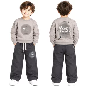 ست بلوز و شلوار 5 تا 8 سال دورس پسرانه کد 2661 طرح Yes رنگ طوسی یخی Pancho