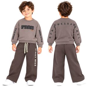 ست بلوز شلوار پسرانه 8 تا 11 سال دورس کد 2660 طرح Mind رنگ طوسی موکا Pancho