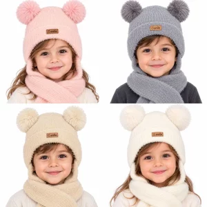 ست کلاه شال گردن پوم دار موهر 2 تا 7 سال طرح Smile